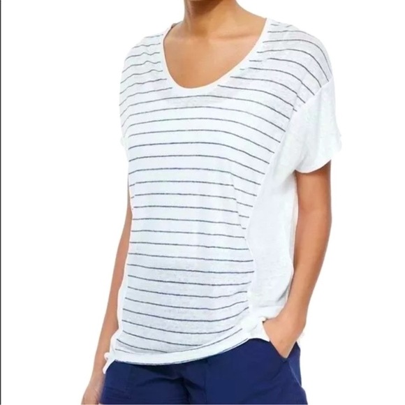 NWT Vince White Blue Striped 💯 Linen Short Sleeve Top - Picture 1 of 14